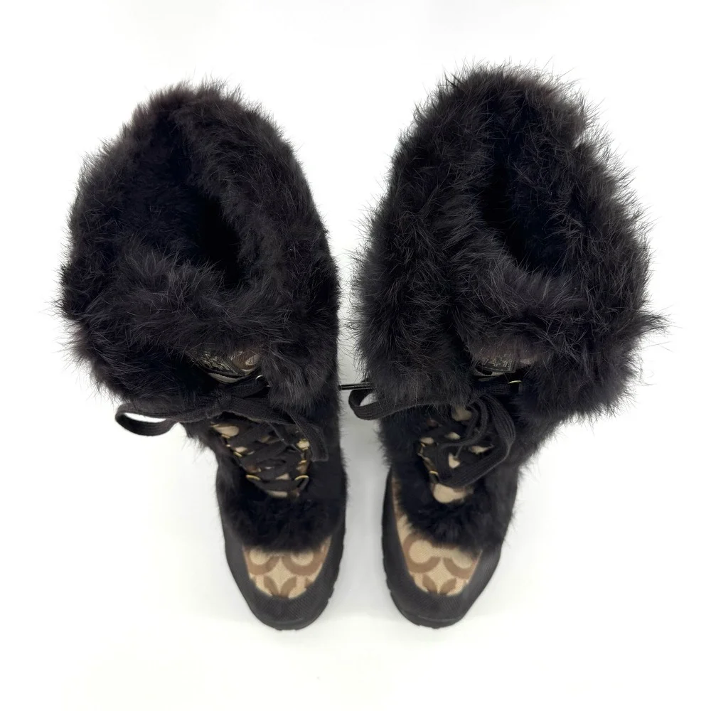 COACH Jennie Vintage Boots Women 10 Khaki Brown Logo Faux Fur Winter Snow Luxury